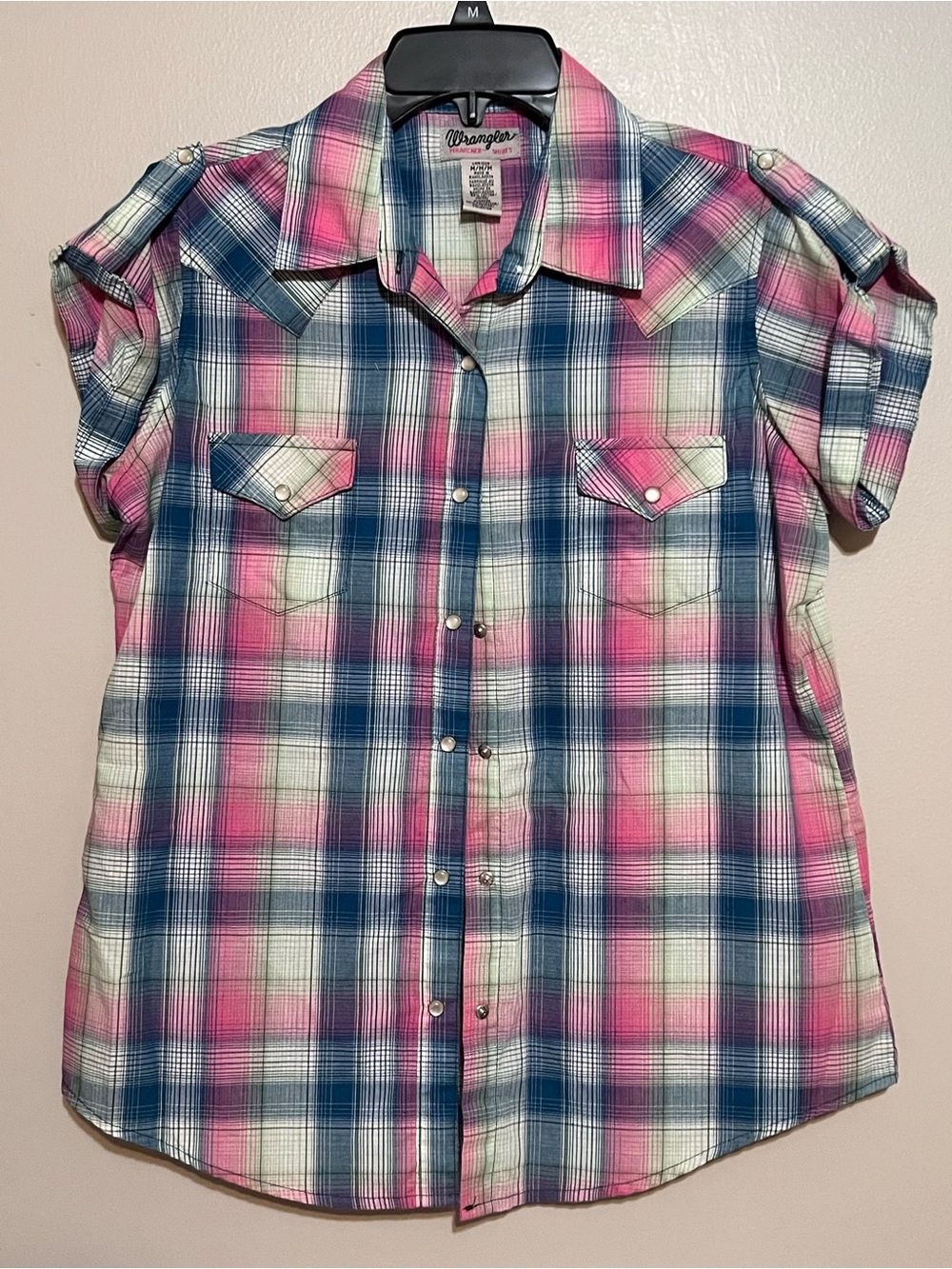 Wrangler Pink, Blue & White Women’s Plaid Short Sleeve Button-Front Shirt